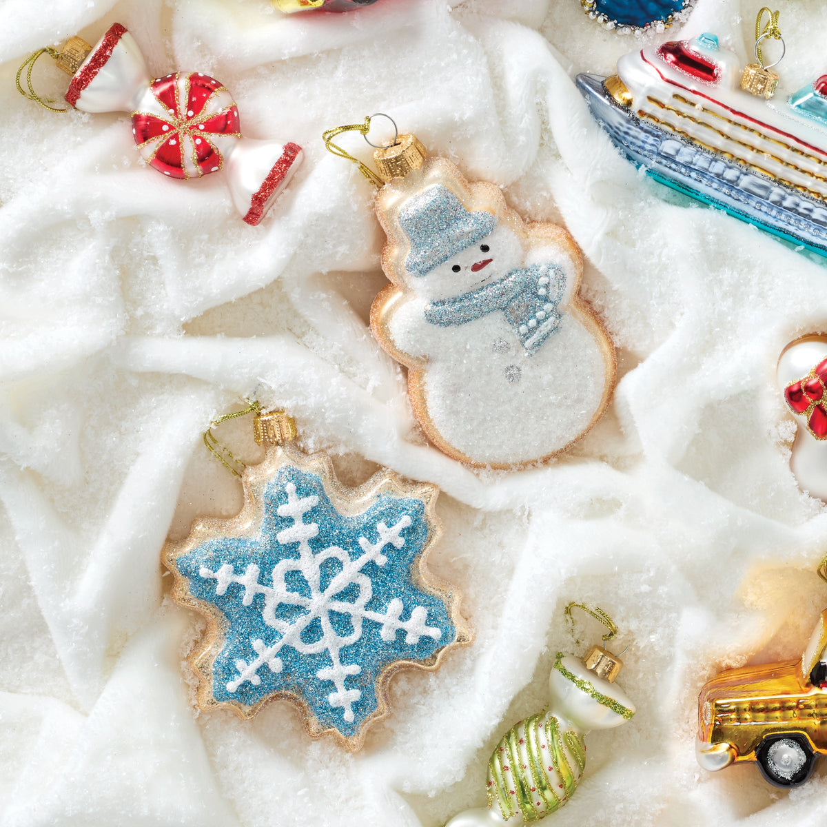 Retro Blown Glass Snowman & Snowflake Cookie Ornament Set